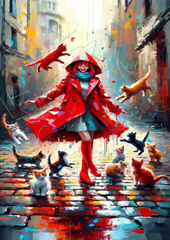 A girl in a striking red raincoat and vibrant red boots