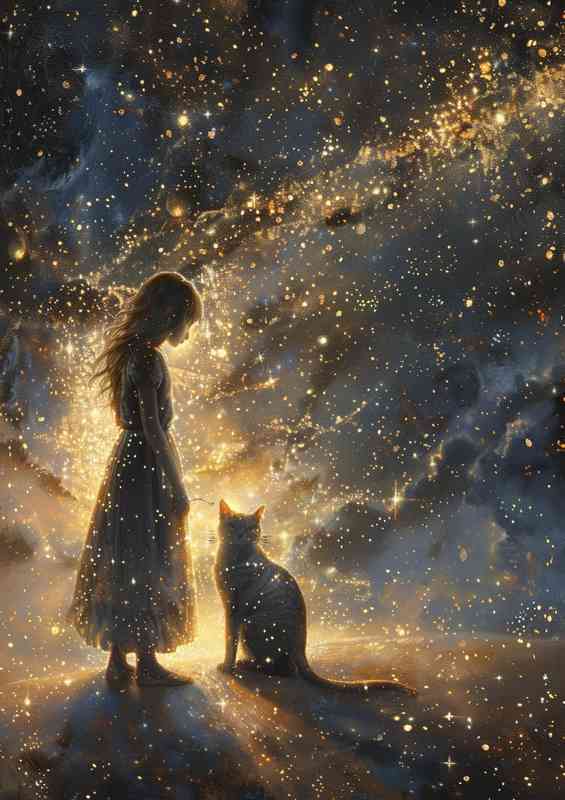 A girl stands by a cat with stars in the sky