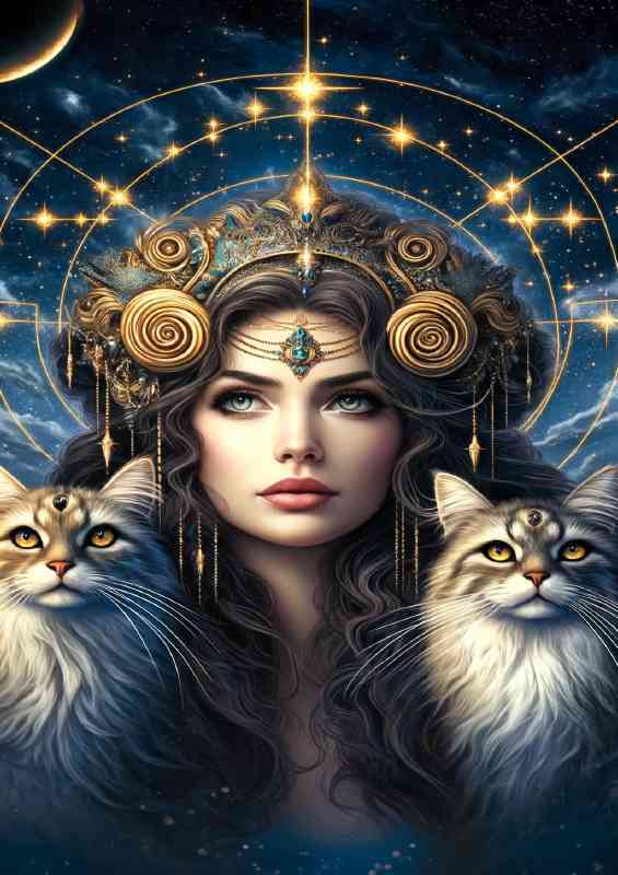 A stunning woman with a thoughtful gaze with Cats