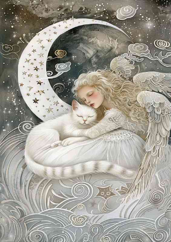 A white cat sits on the crescent moon with stars