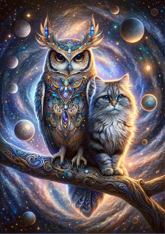 A wise owl with intricate feather pattern and Cat