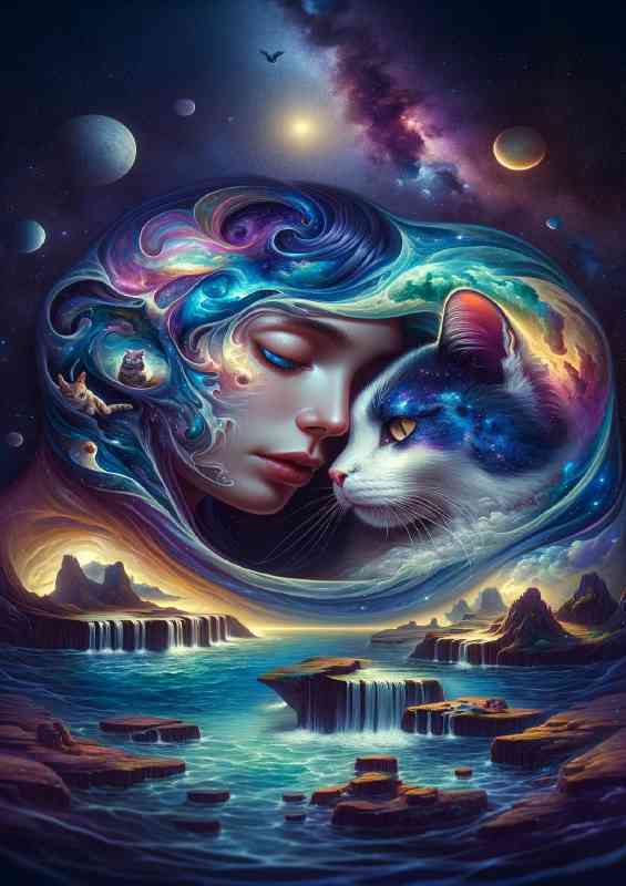 A woman and a cat oceans with waves
