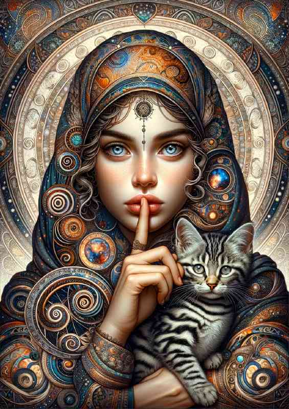 A young woman with a Cat and wise gaze