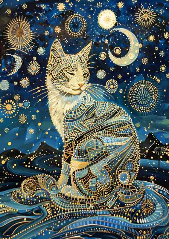 Abstract cat surrounded by shapes