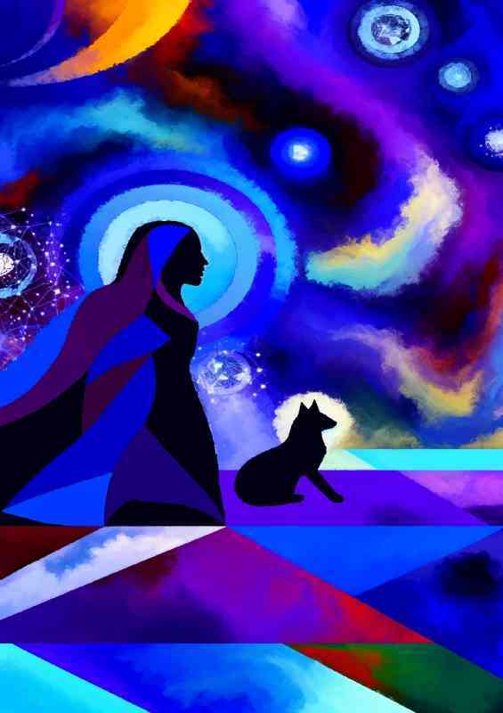 Abstract focusing on the mystical theme of a woman and a cat