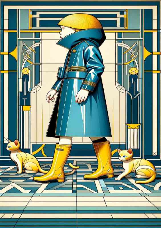 Art Deco capturing a child in a blue raincoat and yellow boots