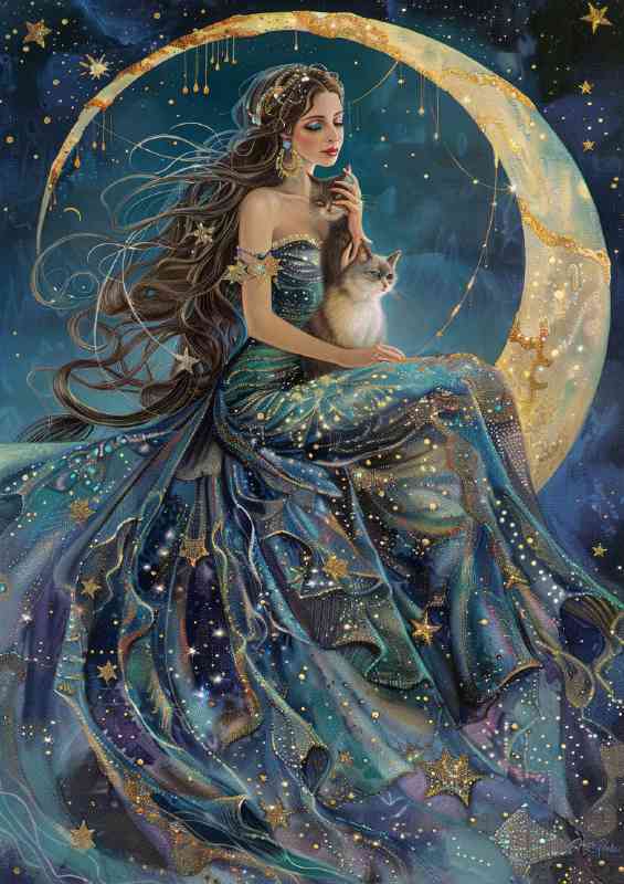 Beautiful goddess sits on the moon with cat