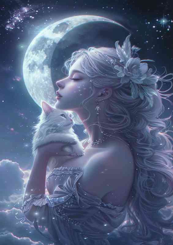 Beautiful woman white cat in the moon star purple tones