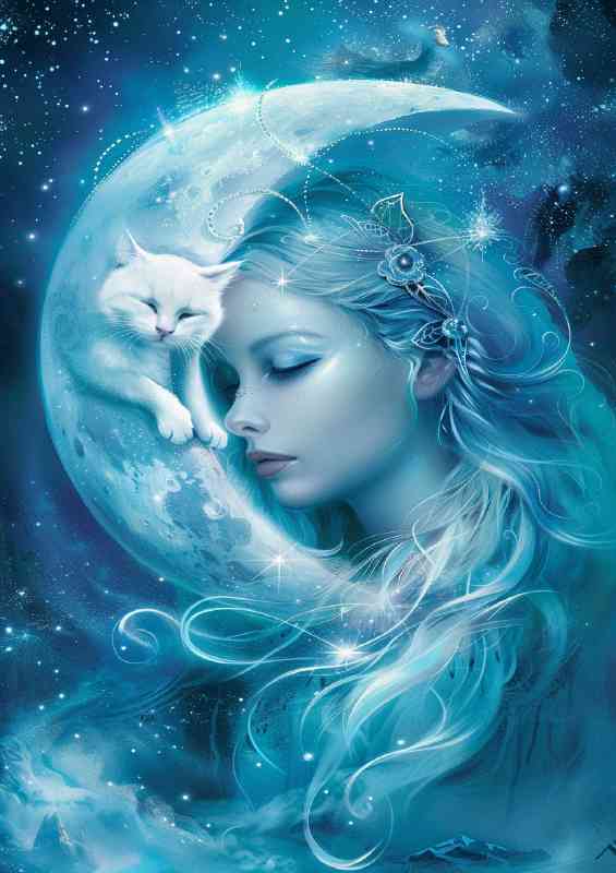Beautiful woman with a white cat in the moon stars
