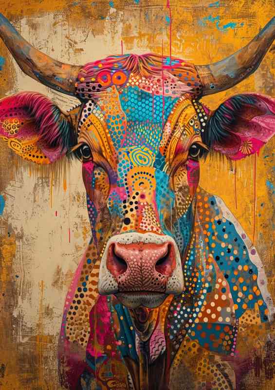 Bright cow painted on his head