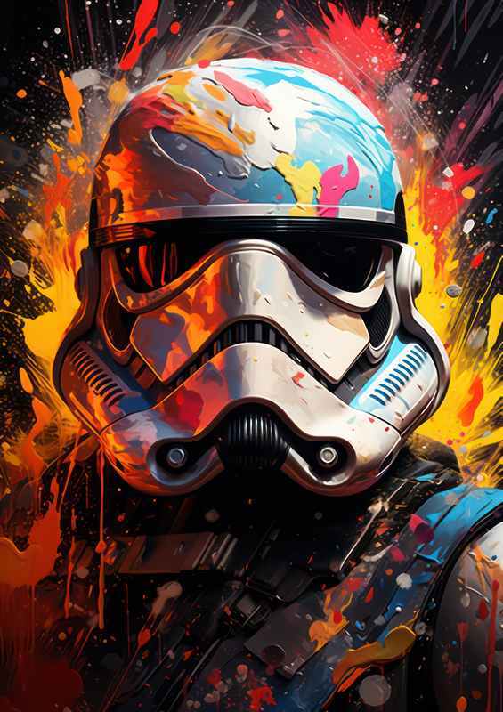 Colorful art piece with a stormtrooper splash art style