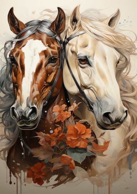 Brown and white Horses with flowers