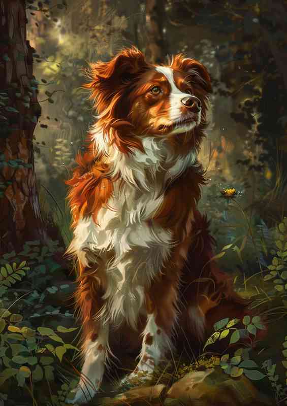 Brown and white dog in a forest