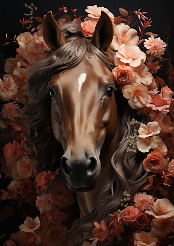 Brown horse In flowers