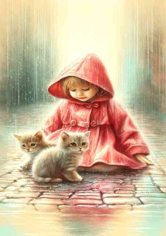 Capturing a child in a red raincoat and kittens