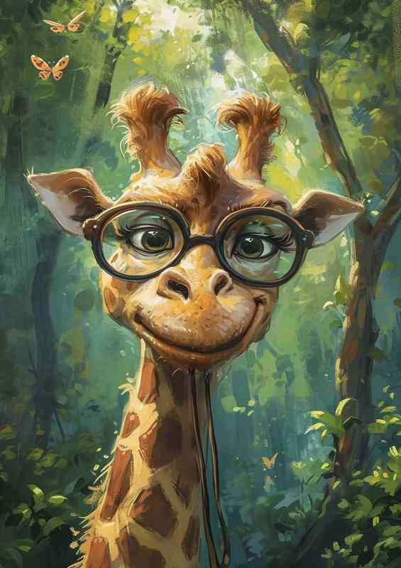 Cartoon painting of a giraffe with glasses