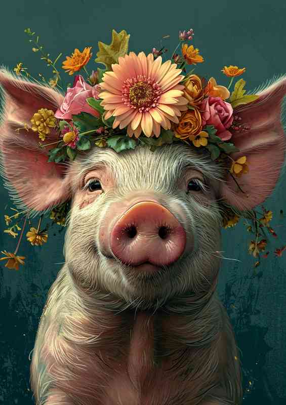 Cartoon pig is wearing a flower and green background