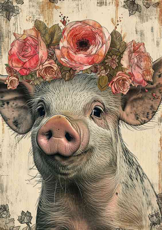 Cartoon pig is wearing a flower crown