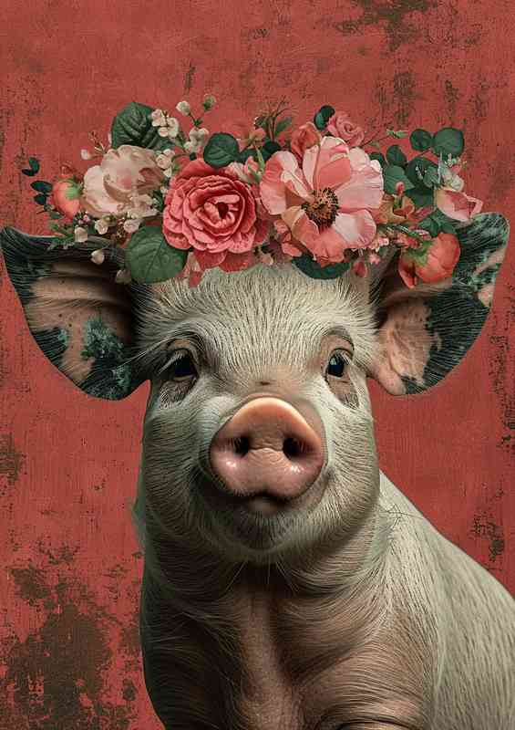 Cartoon pig is wearing a flower crown and red background