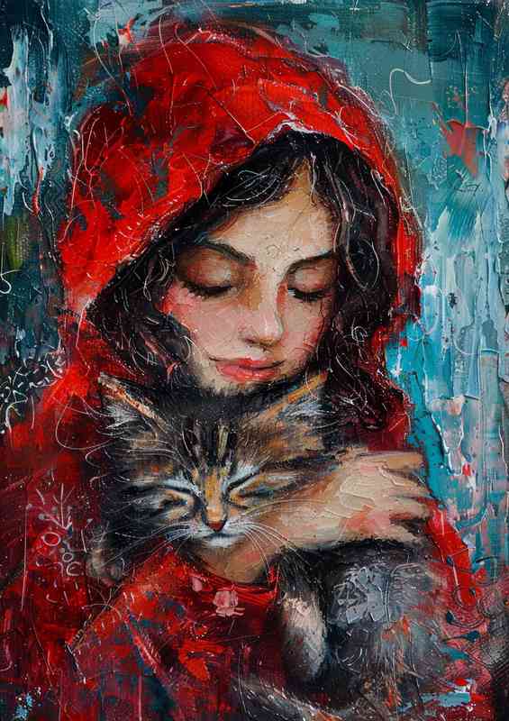 Cat and girl in red hood