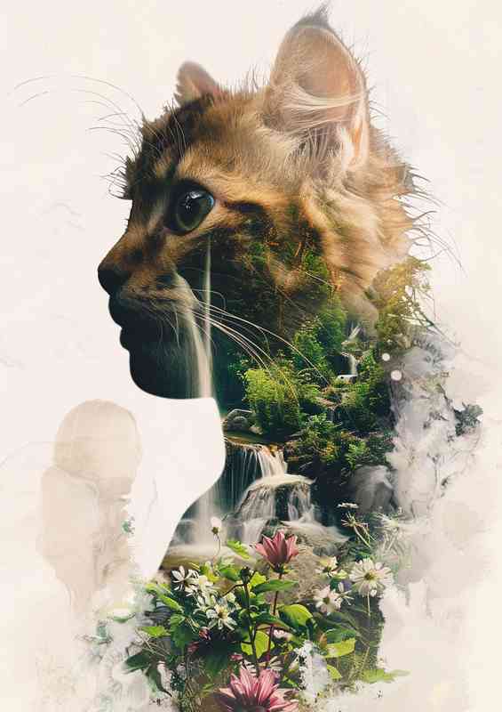 Cat in the forest double exposure