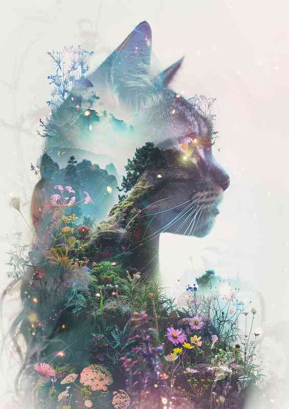 Cat in the medow of flowers