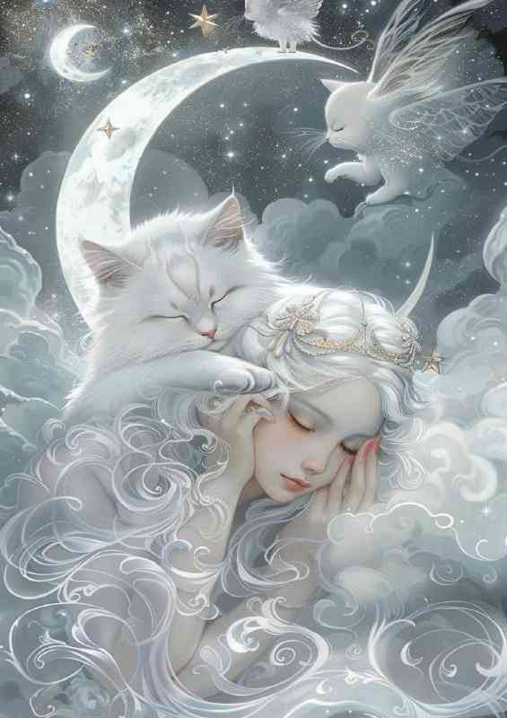 Cat sits on the moon with stars