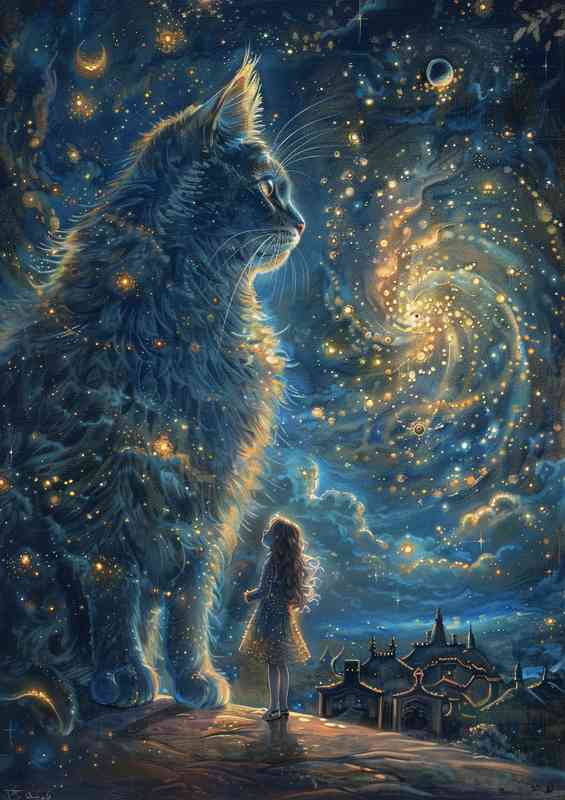 Cat with stars in the sky and girl