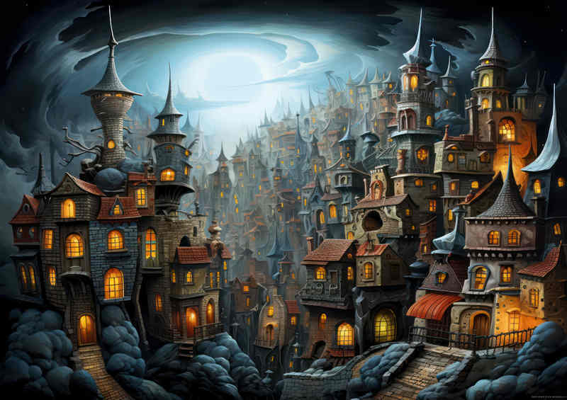 Crowded Fantasy city in the night sky