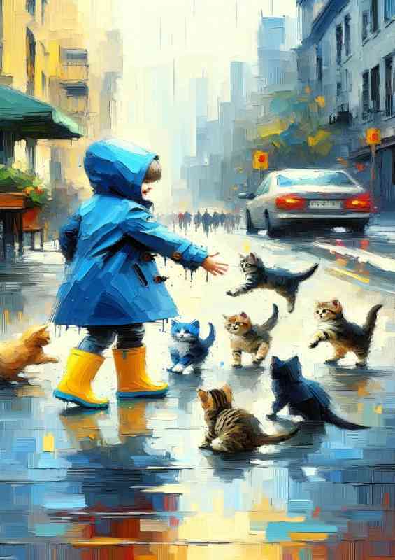 Child in a blue raincoat and bright yellow boots playful kittens