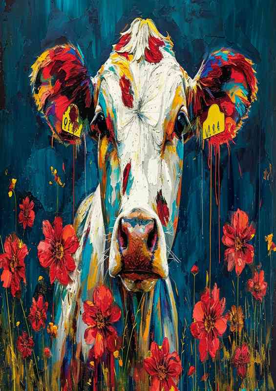 Claire the cow in a painted field
