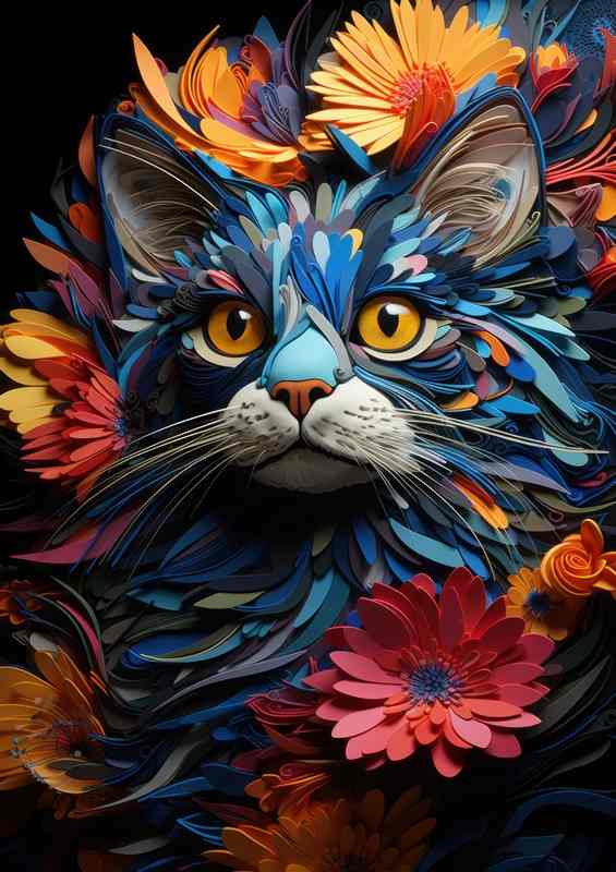 Colourful Cat surrounded by flowers