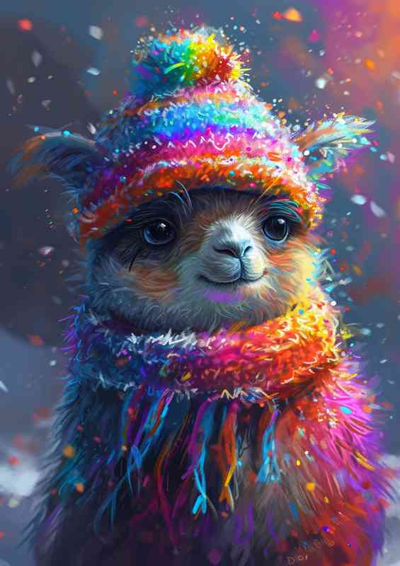 Cute llama in a rainbow hat