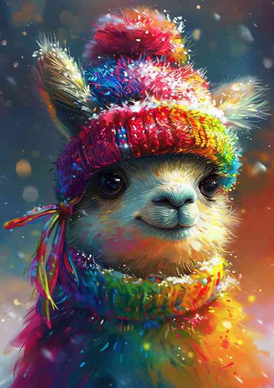 Cute llama in a rainbow hat and jumper