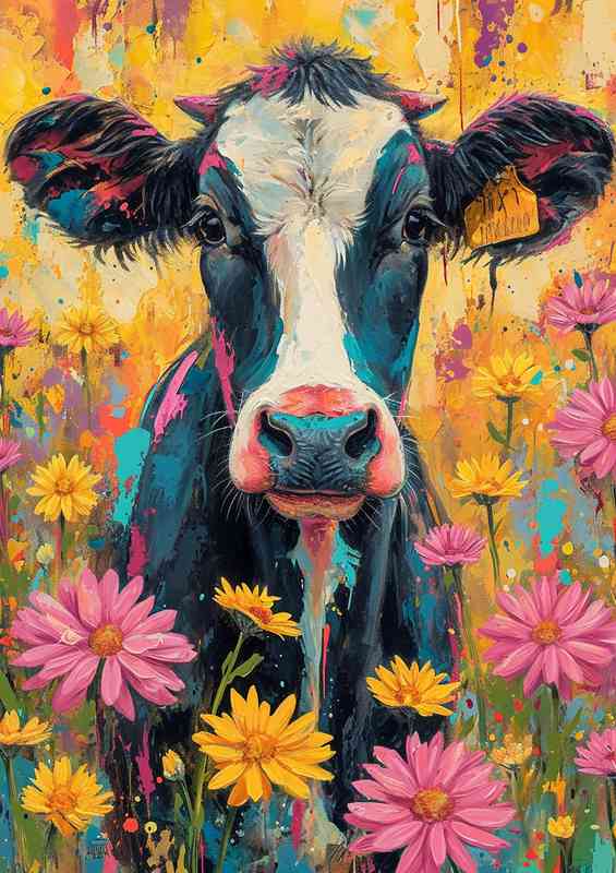 Daisy the cow in a field of flowers