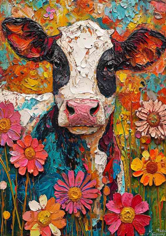 Daisy the painted cow in a flower field