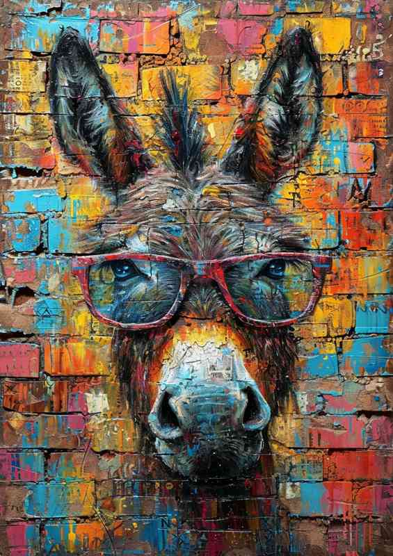 Donkey in glasses with street art wall