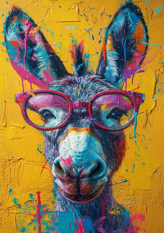 Donkey wearing glasses with a yellow background