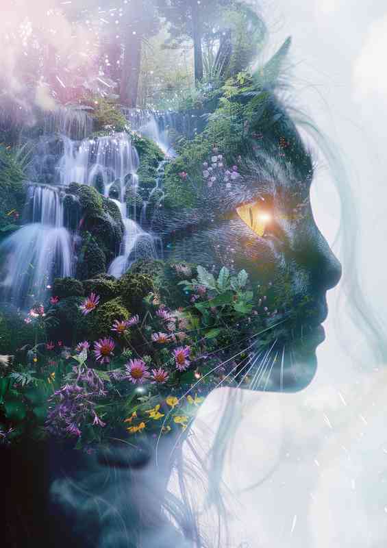 Double exposure cat lady face waterfall