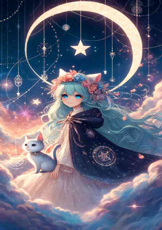 Dreamy scene featuring a whimsical character with a cat