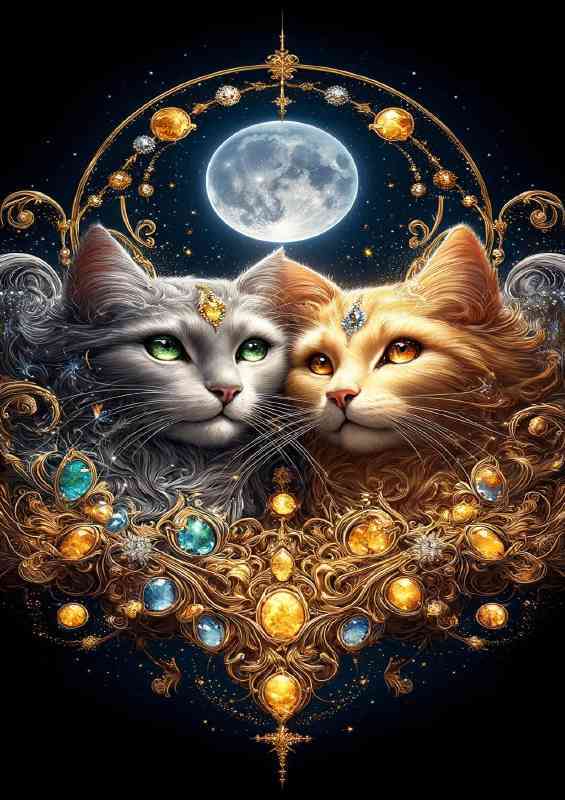 Envision a pair of elegant cats one with lustrous silver