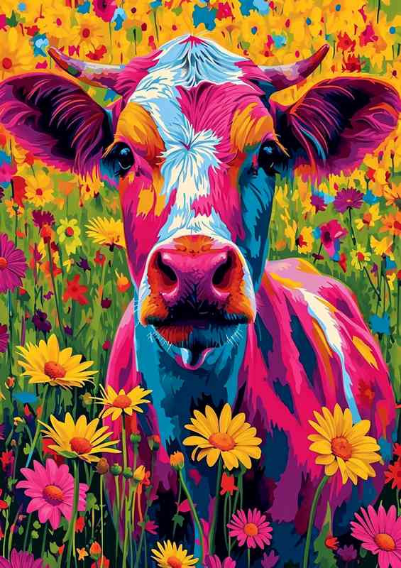 Fran the colourful cow in a diasy field