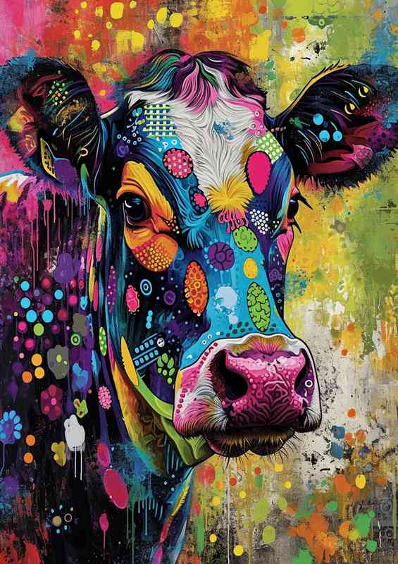 Funny bight cow painted in colours