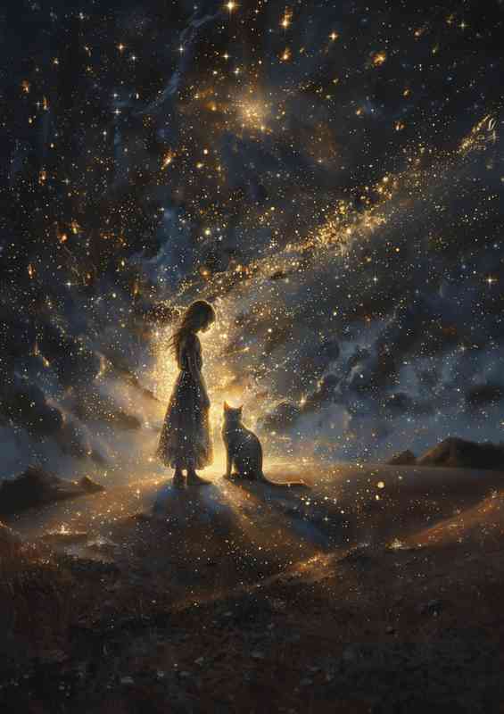 Girl and Cat standing in the stars