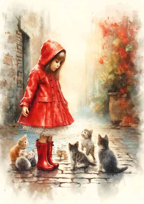 Girl in a red raincoat and boots surrounded by kittens