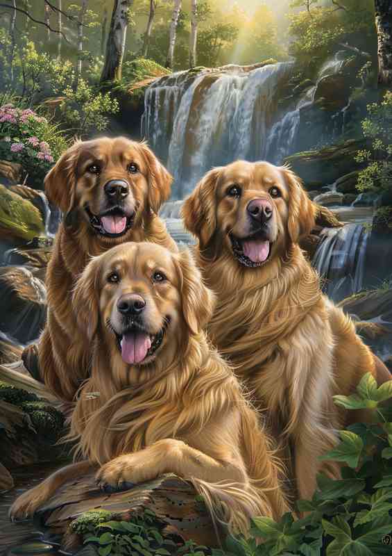 Golden retriver Dogs palying in the enchanted woodland