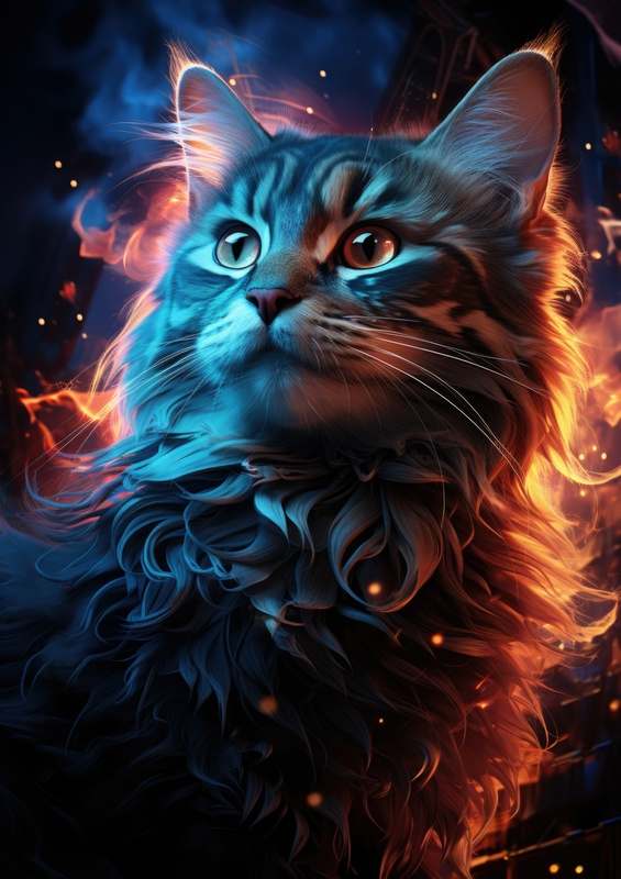 Grey Cat with flames | Metal Poster