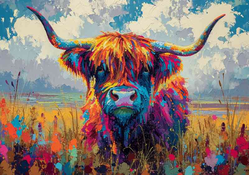 Highland cow in a colourful flower field