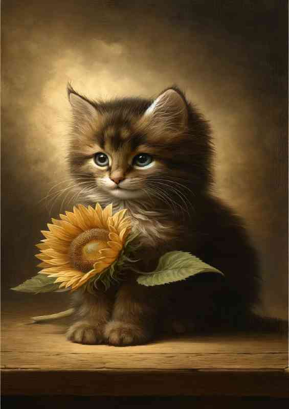 Kitten holding a sunflower