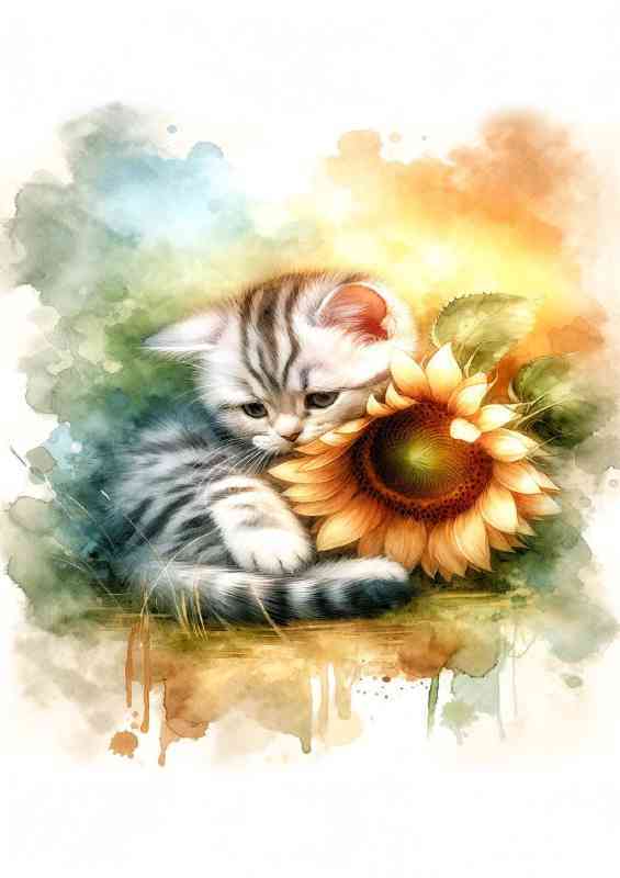 Kitten snuggling a sunflower